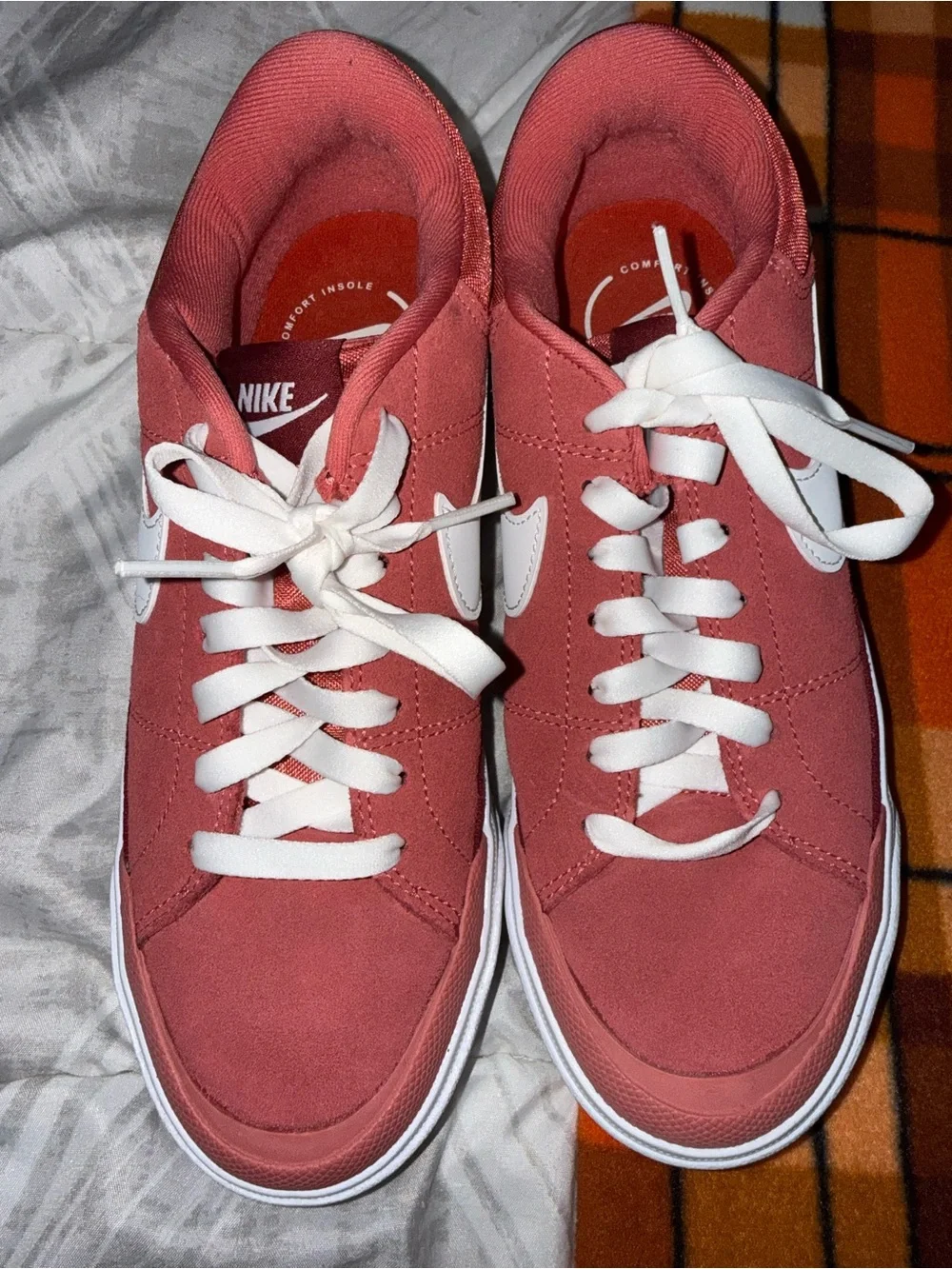Nike Women’s Rose Pink Suede Sneakers with White Swoosh